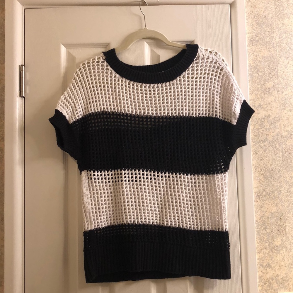 LOFT  Open Knit Stripe Short Sleeve Sweater (M)